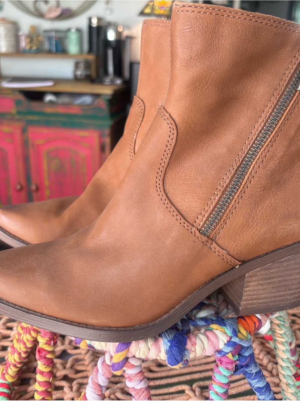 Lucky Brand Cognac Leather Ankle Booties with Side Zip